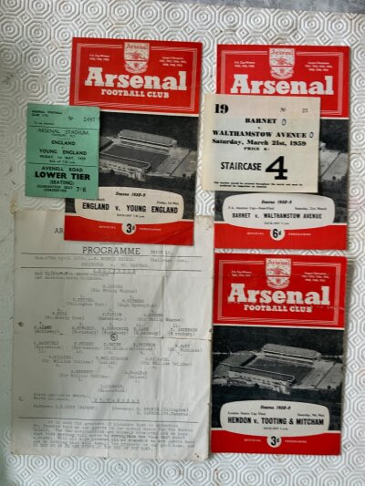 58/59 Football Programmes At Arsenal: Islington v St Pancras schools single sheet, London Senior Cup final, Amateur Cup semi final with ticket and England v Young England with ticket. (6)