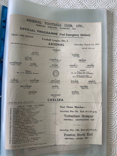 46/47 Arsenal Complete Home Football Programmes: Includes friendlies v Sparta and Leicester, fuel emergency single sheets v Chelsea, FA Cup v Chelsea and all league matches plus a pirate and first league away match at Wolves. Very good except Leeds which has punch holes. (26)