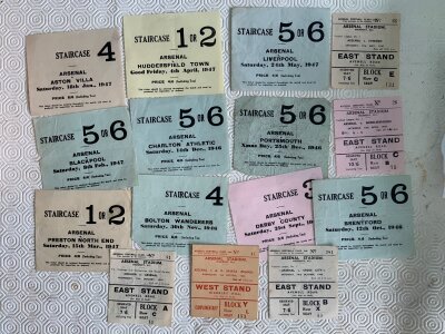 46/47 Arsenal Home Football Tickets: Includes Huddersfield Aston Villa Liverpool Everton Blackpool Charlton Portsmouth Middlesbrough Brentford Derby Bolton Preston Chelsea FA Cup Sparta and Stoke. Very good. (15)