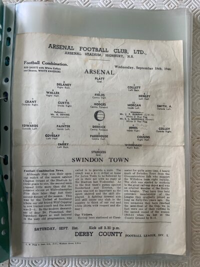 46/47 Arsenal Reserve Home Football Programmes: Include all 7 Combination Cup matches and all 15 Combination matches plus the Portsmouth championship match. Single sheets v London University. Brentford London FA Cup plus Swindon and Norwich which were Combination matches. Very good with some rare issues. (25)
