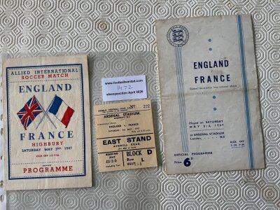 1947 England v France Football Programme + Ticket: Full international played at Arsenal with programme and ticket having fold and pirate excellent. (3)