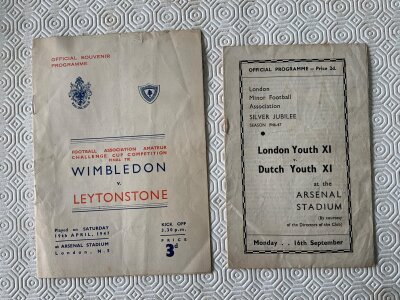 46/47 Football Programmes At Arsenal: 1947 Amateur Cup final Wimbledon v Leytonstone plus London Youth v Dutch Youth both very good with no writing. C/W single sheet with tear on fold for Middlesex Senior Final Hendon v Southall. (3)