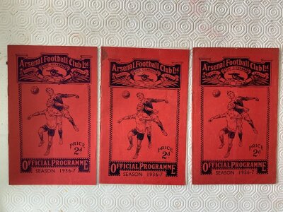 36/37 Islington Football Programmes At Arsenal: Matches v Heston, Acton and Islington Corinthians v Chinese X1. Very good with rusty staples holding firm. All played at Highbury. (3)