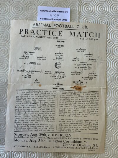 36/37 Arsenal Practice Match Football Programme: Reds v Whites match in fair condition with pencilled team changes and small hole.