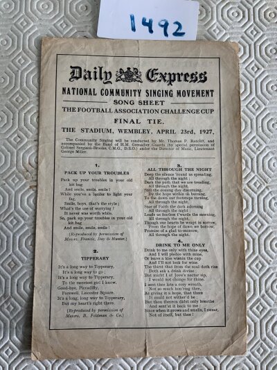 1927 FA Cup Final Football Song Sheet: Cardiff City v Arsenal final at Wembley song sheet by the Daily Express. Fair condition 4 pager with couple of small tears to border.