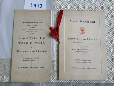 Arsenal 1952 FA Cup Final Signed Menu + Table Plan: Menu for the Cafe Royal dinner the evening of the match which has red ribbon and 9 autographs. Signatures include Anna Neagle Cliff Holton Joe Mercer Reg Lewis Peter Goring and Alf Fields. C/W table plan for same event. (2)