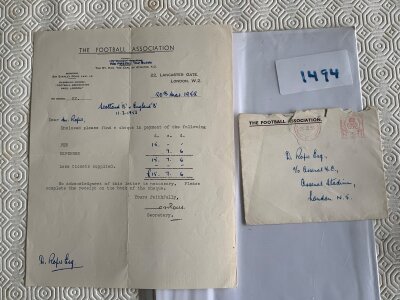 Don Roper Arsenal + England Football Letter: From the FA to Roper for platting for England B team v Scotland on 11 3 1953. His fee of 15 shillings plus expenses.