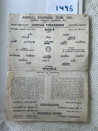 47/48 Arsenal Practice Match Football Programme: Single sheet red v whites with numbers written. Tears either end of centre fold.
