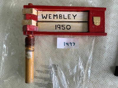 Arsenal 1950 FA Cup Final Football Rattle: Genuine wooden rattle from the day probably repainted in red and white with the words Wembley 1950 to one side and Up The Gunners to the reverse.