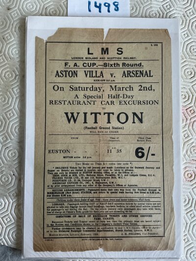 1929 Aston Villa v Arsenal FA Cup Railway Hand Bill: A flyer for a return trip from Euston to Witton for the 6th round match. Some damage to border.