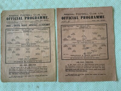 41/42 Arsenal Home Football Programmes: Single sheet league match v West Ham and war cup v Brighton which has team changes. Good condition. (2)