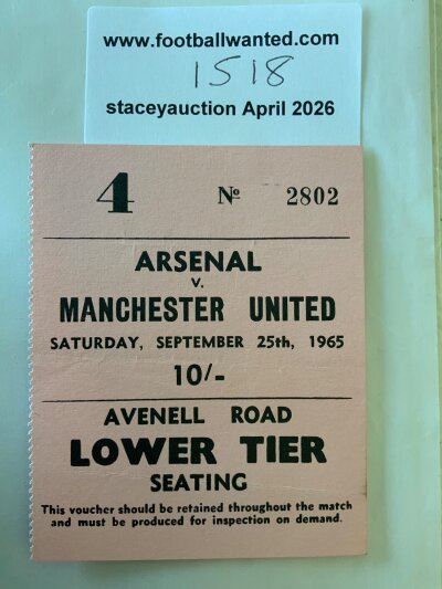 65/66 Arsenal v Manchester United Football Ticket: Excellent condition league match ticket dated 25 9 1965.