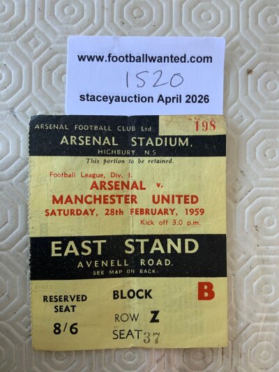 58/59 Arsenal v Manchester United Football Ticket: Good condition league match ticket dated 28 2 1959. Light fold.