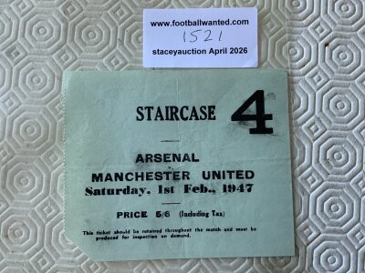 46/47 Arsenal v Manchester United Football Ticket: Good condition league match ticket dated 1 2 1947. Slight piece off of edge. First official season after the war where Man Utd were runners up.