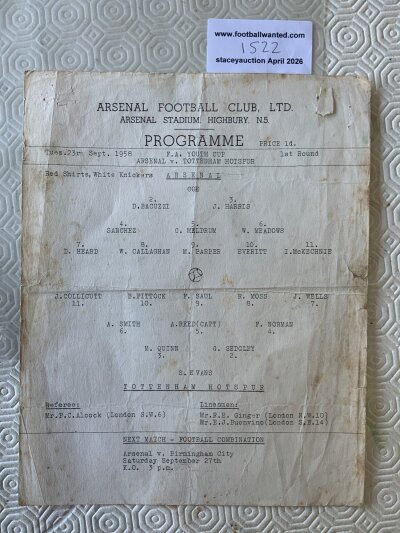 58/59 Arsenal v Tottenham Youth Cup Postponed Football Programme: Rare fair condition single sheet dated 23 9 1958. Tear, folding and slight handling marks. No team changes.
