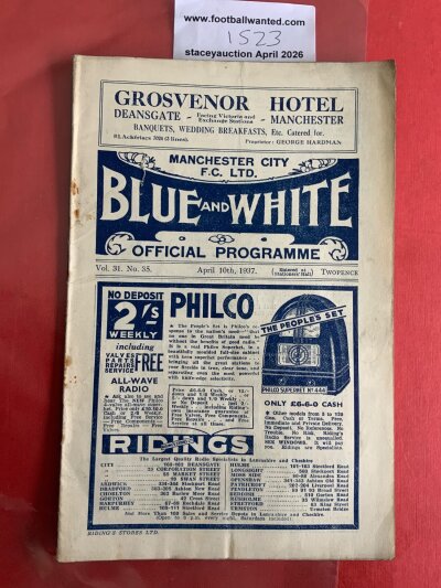 36/37 Manchester City (Champions) v Arsenal Football Programme: Good condition league match with no team changes. Rusty staples holding firm.