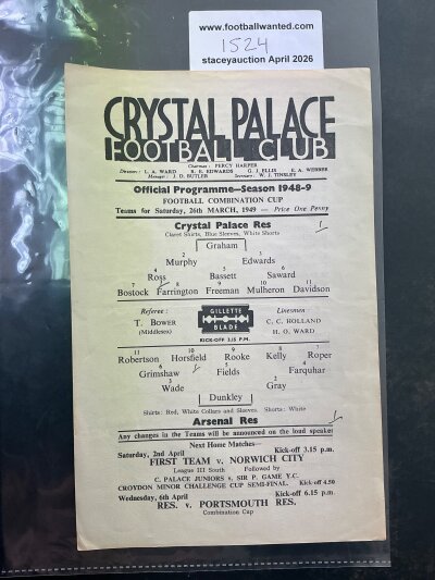 48/49 Crystal Palace Reserves  v Arsenal Football Programme: Combination Cup singe sheet dated 26 3 1949 in excellent condition with no team changes Score and scorers noted