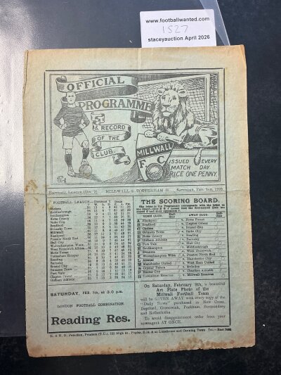 1928 - 1929 Millwall v Tottenham Football Programme: League match dated 2 2 1929 in fair condition with no team changes. Four pager has tear to lower spine and a bit of wear at the bottom.