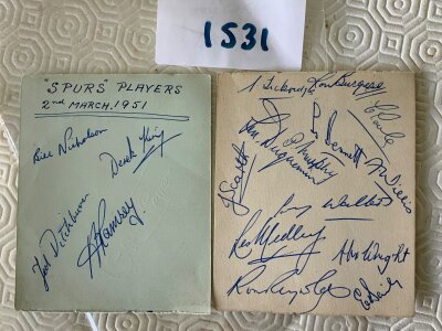 Tottenham 50/51 Champions Football Autographs: Famous 1st division winners team affectionately known as the push and run team. Two separate pages with 17 autographs which include Nicholson Ramsey Ditchburn Burgess Tickridge Walters Willis Clark Reynolds Baily Bennett Duquemin and more.