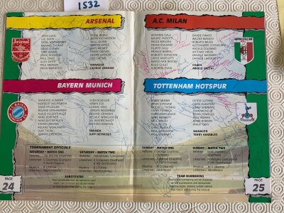1988 Arsenal Tottenham AC Milan + Bayern Munich Autographs: Tournament programme of matches played at Wembley multi signed on team page by many great participants. Includes signatures of Gascoigne Merson Mabbutt Hayes Smith Samways Bould Moncur and others. Over 40 autographs.