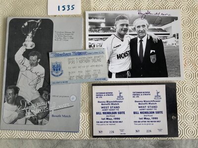 Danny Blanchflower Tottenham Benefit Football Memorabilia: 1990 benefit match Tottenham v Northern Ireland programme, match ticket, Post match Bill Nicholson suite ticket and photo of him and Gazza. Both the photo and the programme have been signed by Blanchflower. (4)