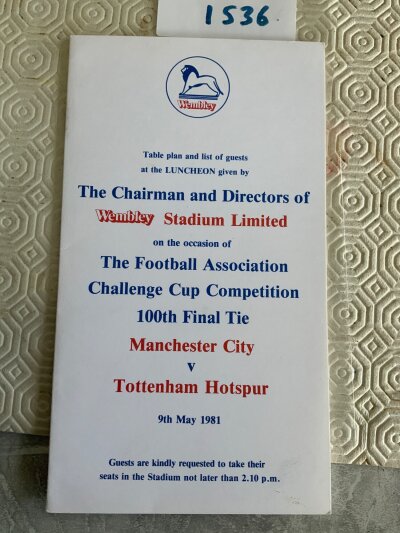 1981 FA Cup Final Football Menu: Mint condition to include table plan for Manchester City v Tottenham luncheon at Wembley for 100th cup final.