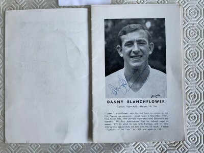 1962 Tottenham FA Cup Winners Signed Football Guide: Write up and photo of 13 players with a team group in the middle. 12 of the 13 have hand signed on their photo excluding John White. Includes Blanchflower Brown Greaves Henry Mackay and Smith. Back page has tear not affecting any photos.