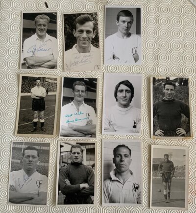Tottenham 1950s + 1960s Football Player Photos: Original postcard size with 3 having press stamps to rear. 6 are hand signed and include L Allen Jeff Ireland Ted Ditchburn Dave Dunmore x 2 and Alf Stokes. (11)