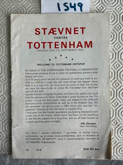 64/65 Staevnet v Tottenham Football Programme: Excellent condition dated 23 9 1964 with no team changes.