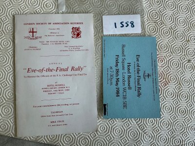 1984 FA Cup Final Eve Of Rally Football Menu: Everton v Watford annual event the day before the final to honour the referee in London. C/W ticket. (2)