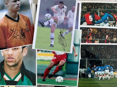 1990s Football Press Photos: Large photos majority having press stamps of various players often of European teams. There are a few signed. (60)