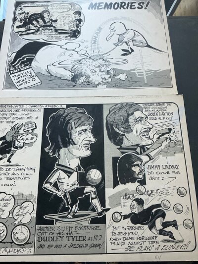 Hereford Early 1970s Football Cartoons: Original large prints on board that were entered into the Hereford Times newspaper and were drawn by Peter Manders. Measuring around 21 x 16 inches and hand drawn. Cartoons include funny scenes involving Bobby Moore West Ham, Brian Clough Notts Forest, Dixie McNeil Hereford 1 Crewe 0, Dudley Tyler and others. (6)