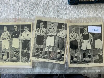 1937 Topical Times Football Cards: Six x triple large panel portraits in good condition covering 18 players including Walter Winterbottom of Manchester United and Tommy Lawton of Everton. Instructions to sell. (6)