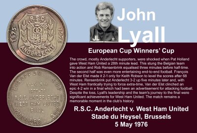 John Lyalls 1976 ECWC Final Exchange Football Medal: Given to Lyall by the opposing team Anderlecht at the final in Brussels before the match. Boxed medal states RSC Anderlecht 1975 1976 to one side. The reverse reads European Cup Winners Cup May 5th 1975-76 RSC Anderlecht West Ham United Final. Rare item in original box. Not to be confused with the one issued by UEFA but probably more scarce.