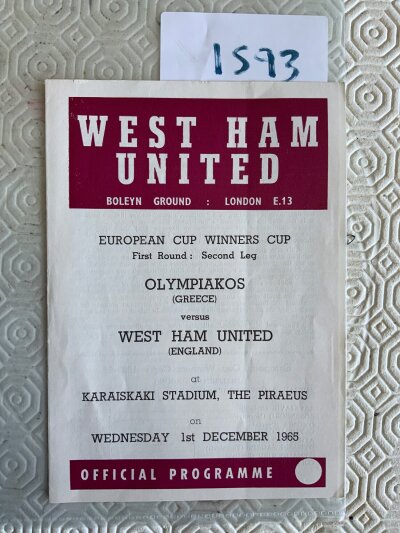 65/66 West Ham v Olympiakos Rare Football Programme: West Ham version of the away programme given free to away travelling fans who went to Greece. In the format of a home programme but without a price. Excellent condition 4 pager with no team changes.