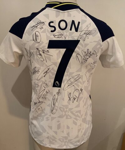 Tottenham 2020 - 2021 Multi Signed Son Football Shirt: White short sleeve shirt with Son 7 to rear. Signed to rear by the squad.