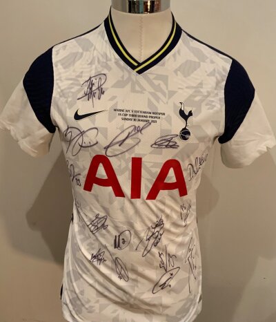 Tottenham 2020 - 2021 Signed Football Shirt: White short sleeve shirt. Signed to front by the team. Front has wording for the FA Cup match v Marine.