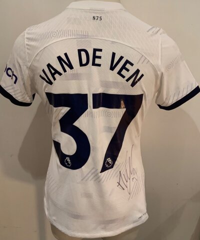 Tottenham 2023 - 2024 Signed Football Shirt: White short sleeve shirt. Number 37 Van De Ven to rear. Signed to rear by the player.