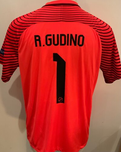 Apoel 2017 - 2018 Match Issued Football Shirt: Champions League short sleeve pink goalkeepers shirt with number 1 R Gudino to rear. Issued for match v Tottenham.