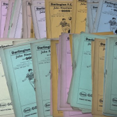 1960s Darlington Home Football Programmes: Includes 59/60 Prescot Cables FA Cup, 61/62 Rotherham LC, 62/63 Chesterfield LC, 63/64 Barnsley LC, 64/65 South Shields Durham Cup. Most are early to mid 60s with a few earlier. Mainly good condition with duplication. Very nice lot. (est 260+)