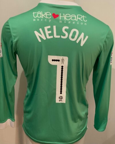 Gillingham 2016 - 2017 Match Worn Football Shirt: Green long sleeve goalkeepers shirt. Number 1 Nelson to rear. Worn v Tottenham in the Carabao Cup.