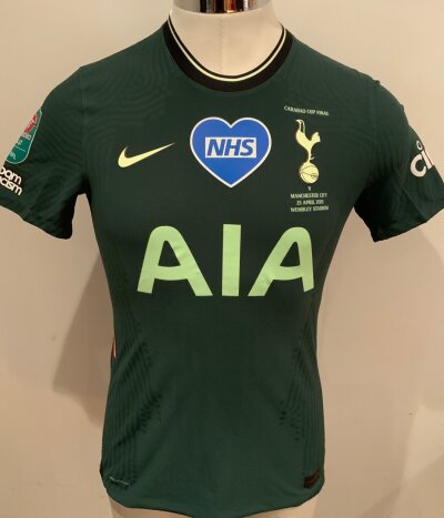 Tottenham 2020 - 2021 Match Prepared Football Shirt: Green short sleeve shirt with no number to rear. Prepared for the 2021 Carabao Cup final.