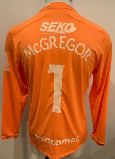 Glasgow Rangers 2022 - 2023 Match Worn Football Shirt: Orange long sleeve goalkeepers shirt. Number 1 McGregor to rear. Match Worn v Tottenham pre season.