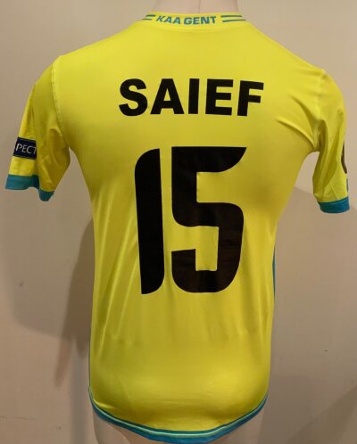 Gent 2016 - 2017 Match Worn Football Shirt: Europa League short sleeve yellow shirt with number 15 Saief to rear. Worn v Tottenham.
