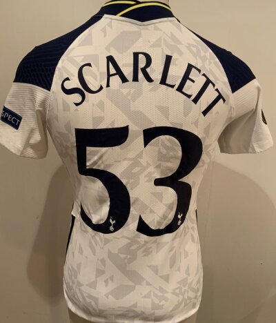 Tottenham 2021 - 2021 Match Prepared Football Shirt: White short sleeve shirt. Number 53 Scarlett to rear. Issued for the Europa League.
