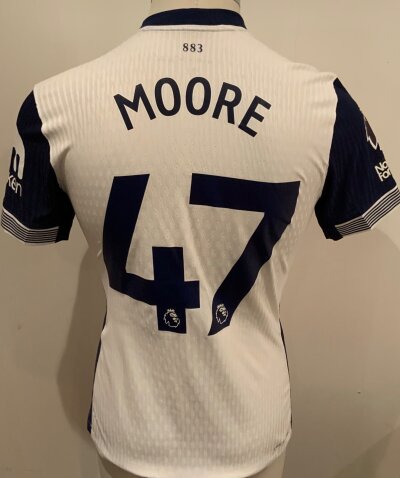 Tottenham 2024 - 2025 Match Issued Football Shirt: White short sleeve shirt. Number 47 Moore to rear. Issued for match v Manchester United and features AIA Foundation sponsorship. Only used in this match.