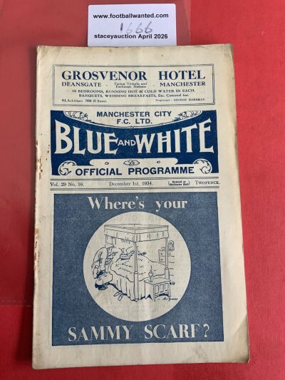 34/35 Manchester City v Grimsby Town Football Programme: Good condition league match with pencilled team changes. Rusty staples holding firm.