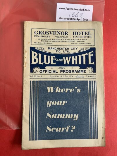34/35 Manchester City v Sheffield Wednesday Football Programme: Good condition league match with pencilled team changes. Rusty staples holding firm.