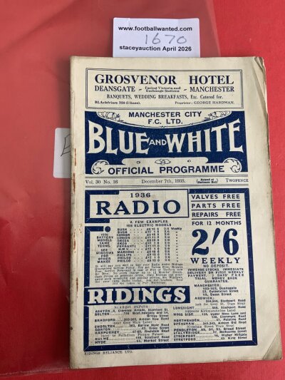 35/36 Manchester City v Aston Villa Football Programme: Good condition league match with pencilled team changes. Rusty staples holding firm.