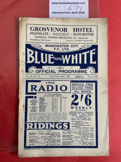 35/36 Manchester City v Sheffield Wednesday Football Programme: Good condition league match with pencilled team changes. Rusty staples holding firm.
